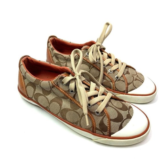 Coach Shoes - Coach Barrett Womens Low Lace Up Sneakers Signature Khaki/Brown Tan Leather Sz 8